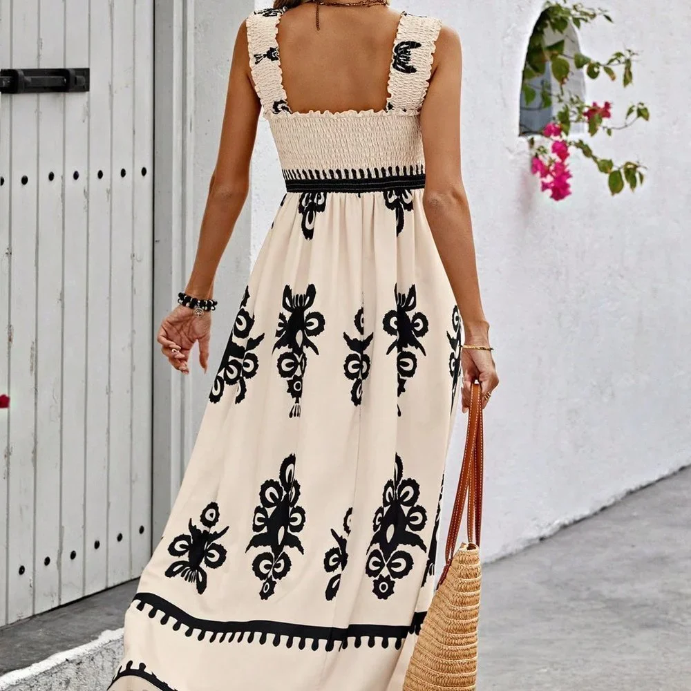 Apricot Boho Women's Resort Style Print Front Crossed Midi Dress
